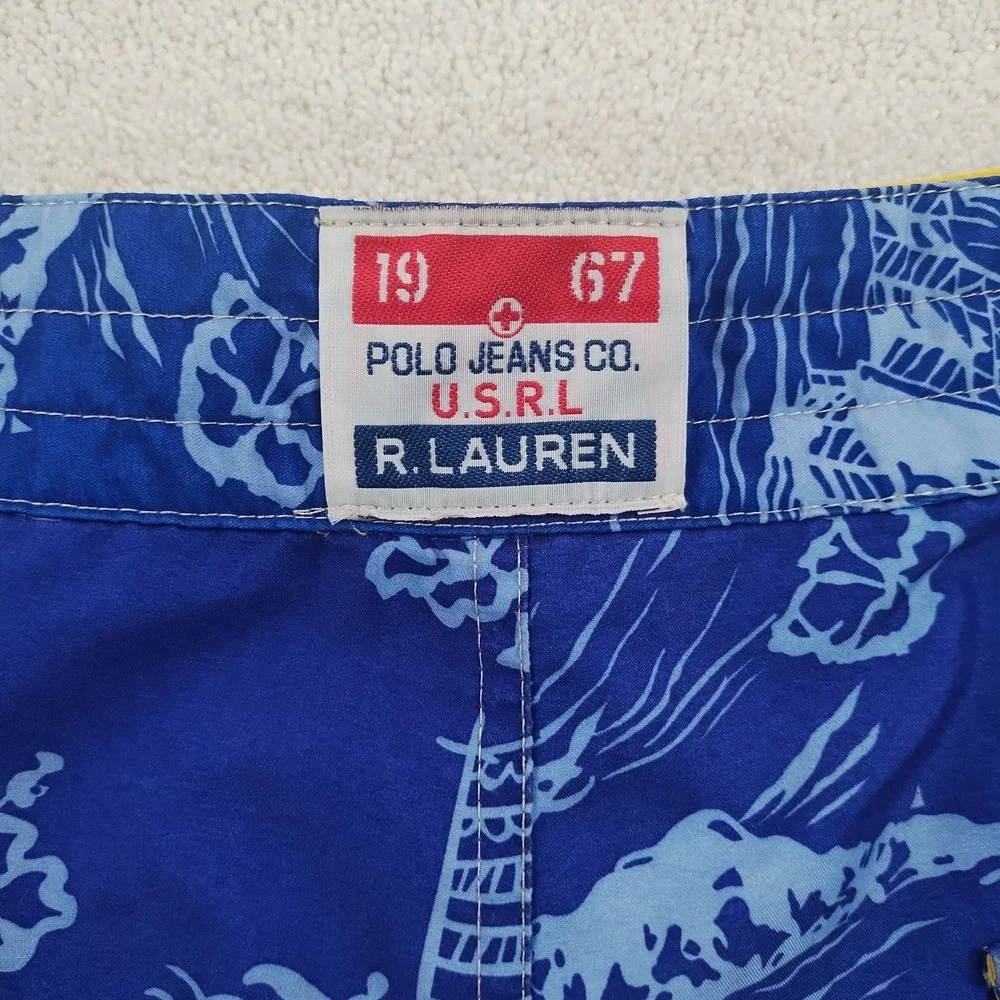 VTG Ralph Lauren Polo Jeans  Board Shorts Mens XL Blue AOP MeshLined Logos‎ Swim